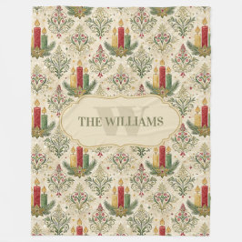 ヴィンテージクリスマスキャンドル&オーナメントモノグラム フリースブランケット