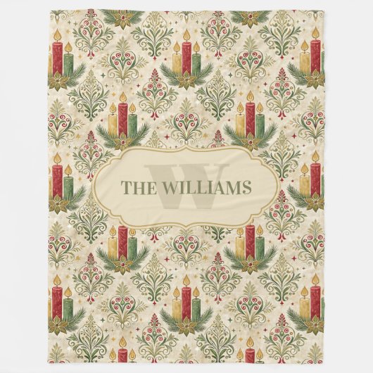 ヴィンテージクリスマスキャンドル&オーナメントモノグラム フリースブランケット (正面)