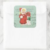 ヴィンテージクリスマスキュートなガールポインセティアミントドット スクエアシール (バッグ)