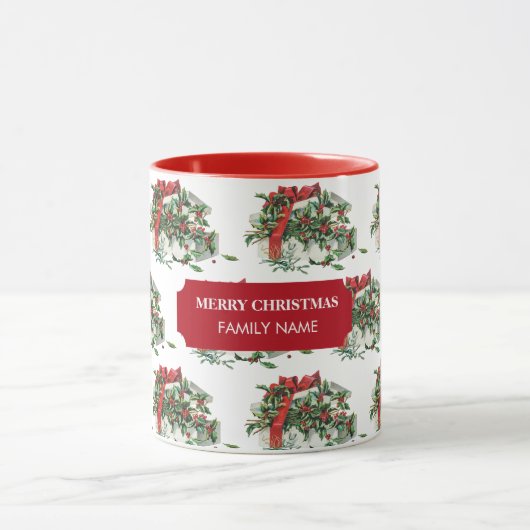 ヴィンテージクリスマスギフトホリデイ名前をカスタムする マグカップ (中央)