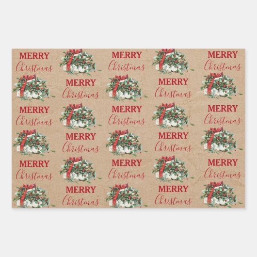 ヴィンテージクリスマスギフトホリデーホリーベリークラフト ラッピングペーパーシート (正面3)