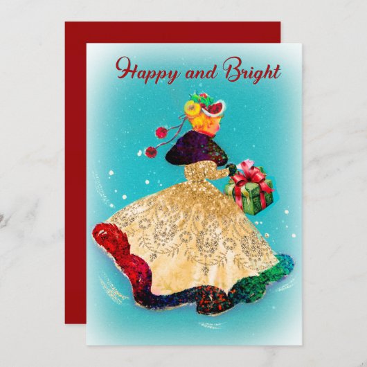 ヴィンテージクリスマスギフトボックス金ゴールドグリッター女 サンキューカード (正面/裏面)