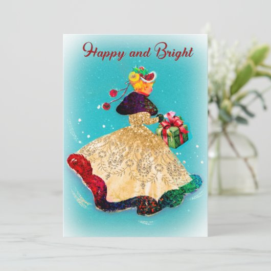 ヴィンテージクリスマスギフトボックス金ゴールドグリッター女 シーズンカード (スタンド正面)