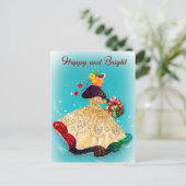 ヴィンテージクリスマスギフトボックス金ゴールドグリッター女 ポストカード (スタンド正面)