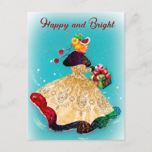 ヴィンテージクリスマスギフトボックス金ゴールドグリッター女 ポストカード (正面)