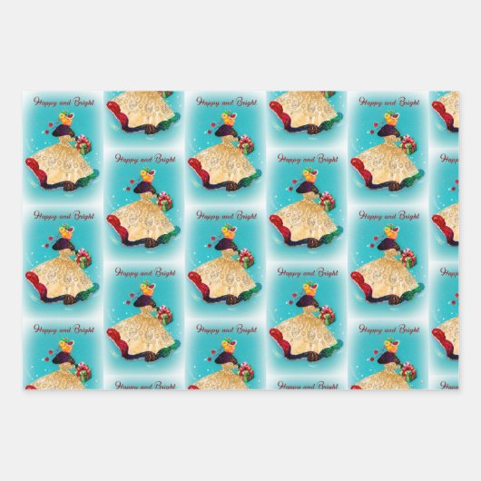 ヴィンテージクリスマスギフトボックス金ゴールドグリッター女 ラッピングペーパーシート (正面)