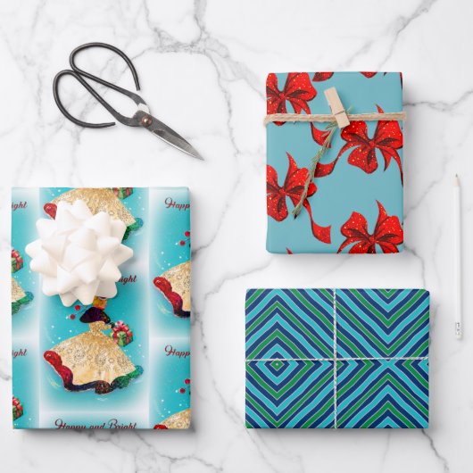 ヴィンテージクリスマスギフトボックス金ゴールドグリッター女 ラッピングペーパーシート (正面)