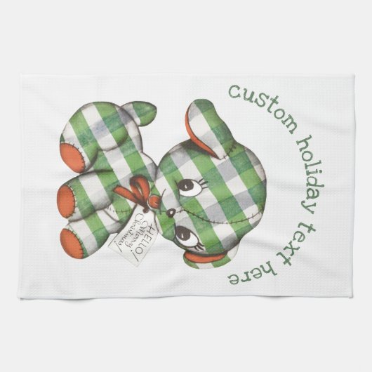 ヴィンテージクリスマスギンガムパピードッグぬいぐるみ動物 キッチンタオル (横)