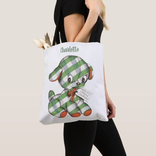 ヴィンテージクリスマスギンガムパピードッグぬいぐるみ動物 トートバッグ (クローズアップ)