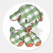 ヴィンテージクリスマスギンガムパピードッグぬいぐるみ動物 ラウンドシール (正面)
