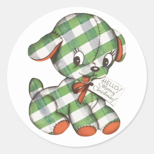 ヴィンテージクリスマスギンガムパピードッグぬいぐるみ動物 ラウンドシール (正面)
