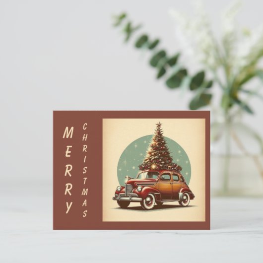 ヴィンテージクリスマスクラシック車の休日はがき シーズンポストカード (スタンド正面)