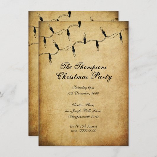 ヴィンテージクリスマスクリスマスツリーフェアリーライトパーティー 招待状 (正面/裏面)