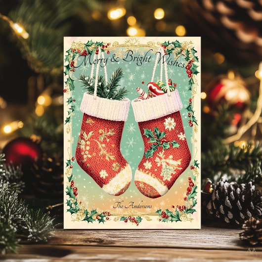 ヴィンテージクリスマスグリーティングとフェスティバルストッキング 招待状
