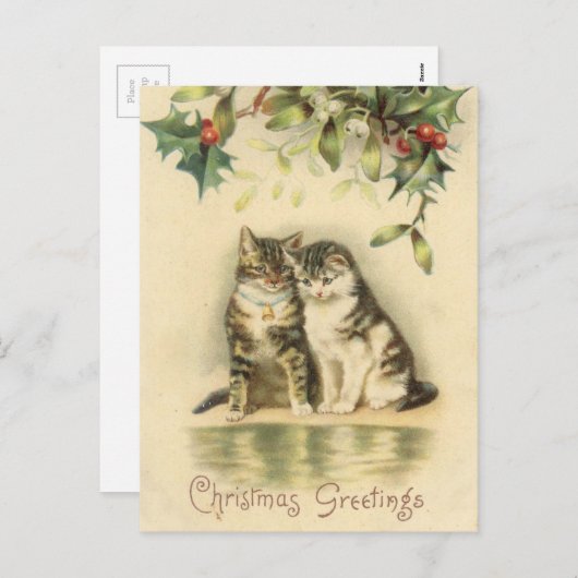 ヴィンテージクリスマスグリーティングキティ猫 シーズンポストカード (正面/裏面)