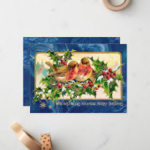 ヴィンテージクリスマスグリーティングバーズホリーフェイク金ゴールド ノートカード (正面/裏面インサイチュ)