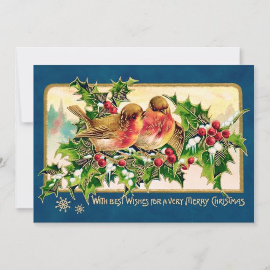 ヴィンテージクリスマスグリーティングバーズホリーフェイク金ゴールド ノートカード (正面)