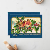 ヴィンテージクリスマスグリーティングバーズホリーフェイク金ゴールド ノートカード (正面/裏面インサイチュ)