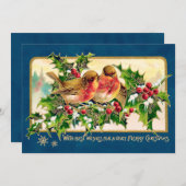 ヴィンテージクリスマスグリーティングバーズホリーフェイク金ゴールド ノートカード (正面/裏面)