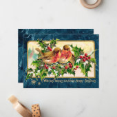 ヴィンテージクリスマスグリーティングバーズホリーフェイク金ゴールド ノートカード (正面/裏面インサイチュ)