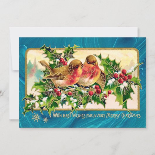 ヴィンテージクリスマスグリーティングバーズホリーフェイク金ゴールド ノートカード (正面)