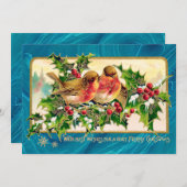 ヴィンテージクリスマスグリーティングバーズホリーフェイク金ゴールド ノートカード (正面/裏面)