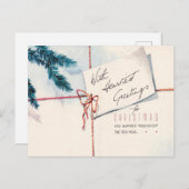 ヴィンテージクリスマスグリーティングレッドストリングエバーグリーン シーズンポストカード (正面/裏面)