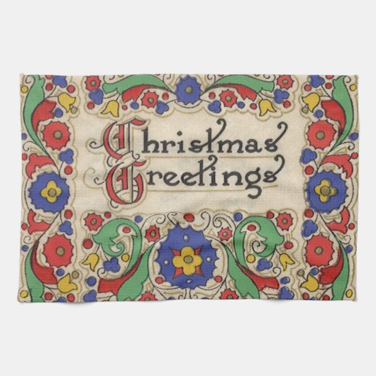 ヴィンテージクリスマスグリーティング装飾枠付き キッチンタオル (横)