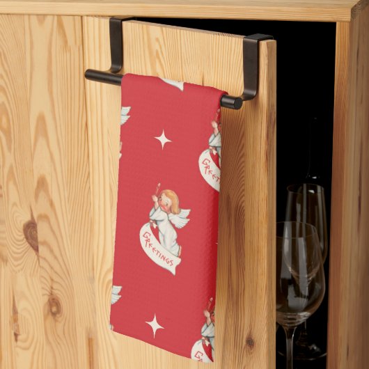ヴィンテージクリスマスグリーティング、天使と星 キッチンタオル (三つ折り)