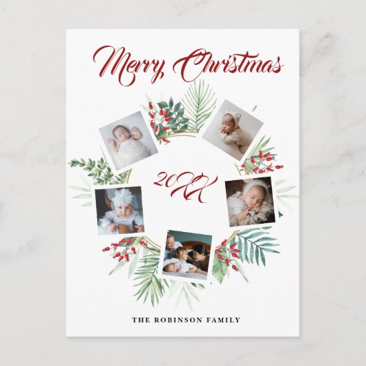 ヴィンテージクリスマスグリーナリー写真コラージュ シーズンポストカード (正面)