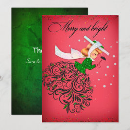 ヴィンテージクリスマスグリーングリッタースカーフの女の子 サンキューカード