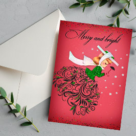 ヴィンテージクリスマスグリーングリッタースカーフの女の子 シーズンカード