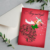 ヴィンテージクリスマスグリーングリッタースカーフの女の子 シーズンカード