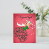 ヴィンテージクリスマスグリーングリッタースカーフの女の子 ポストカード (スタンド正面)