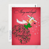 ヴィンテージクリスマスグリーングリッタースカーフの女の子 ポストカード (正面/裏面)