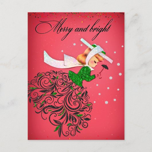 ヴィンテージクリスマスグリーングリッタースカーフの女の子 ポストカード (正面)