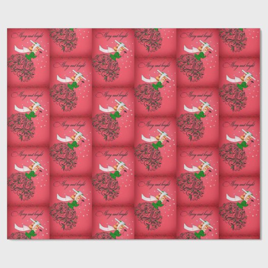 ヴィンテージクリスマスグリーングリッタースカーフの女の子 ラッピングペーパー (フラット)