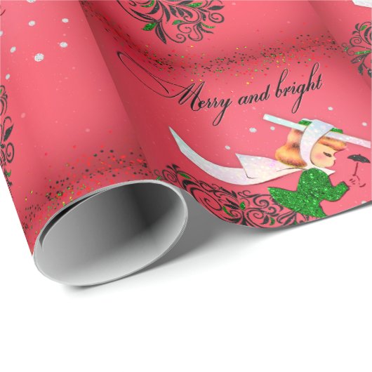 ヴィンテージクリスマスグリーングリッタースカーフの女の子 ラッピングペーパー (ロールコーナー)