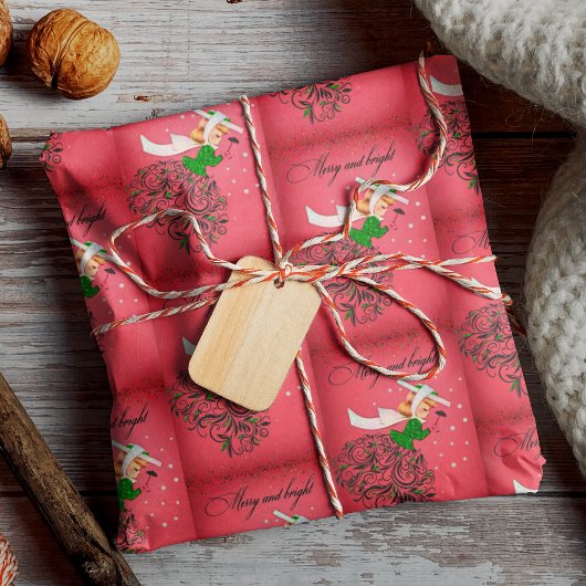 ヴィンテージクリスマスグリーングリッタースカーフの女の子 ラッピングペーパー