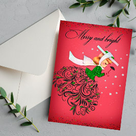 ヴィンテージクリスマスグリーングリッタースカーフの女の子 招待状