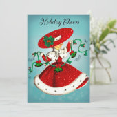 ヴィンテージクリスマスグリーンベルズレッドグリッターガール サンキューカード (スタンド正面)