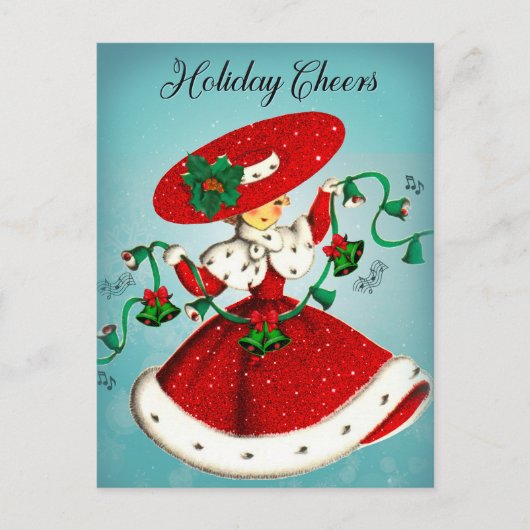 ヴィンテージクリスマスグリーンベルズレッドグリッターガール ポストカード (正面)