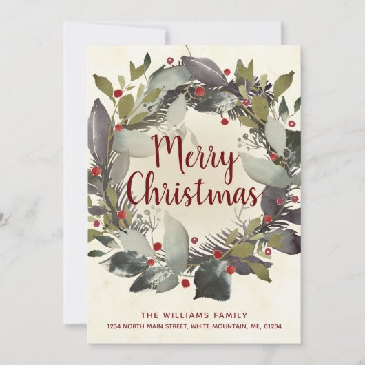 ヴィンテージクリスマスグリーンホリーベリーリースムービング 案内状 (正面)