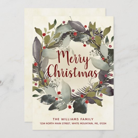 ヴィンテージクリスマスグリーンホリーベリーリースムービング 案内状 (正面/裏面)