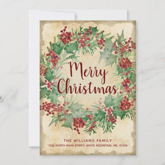ヴィンテージクリスマスグリーンホリーベリーリースムービング 案内状 (正面)