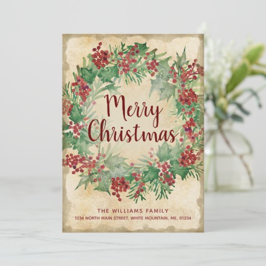 ヴィンテージクリスマスグリーンホリーベリーリースムービング 案内状 (スタンド正面)