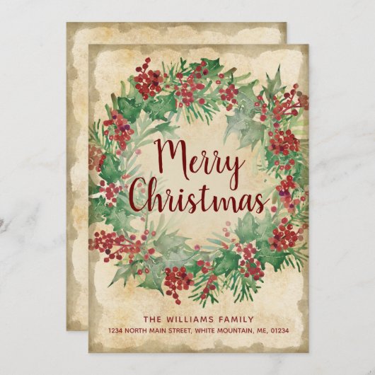 ヴィンテージクリスマスグリーンホリーベリーリースムービング 案内状 (正面/裏面)