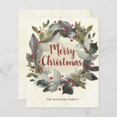 ヴィンテージクリスマスグリーンホリーリースバジェットカード (正面/裏面)