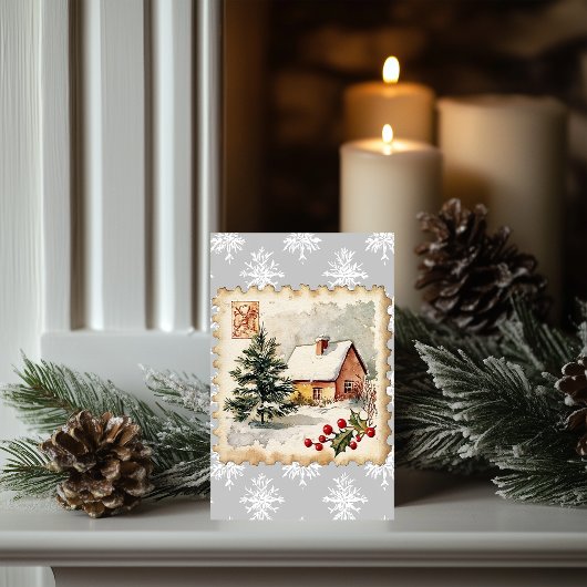 ヴィンテージクリスマスコテージ切手 カード
