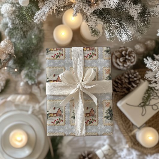 ヴィンテージクリスマスコテージ切手 ラッピングペーパー